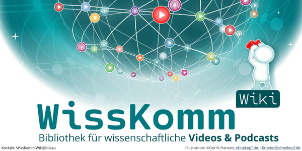 Illustraion of the WissKomm Wiki as "WissKomm Wiki: Bibliothek für wissenschaftliche Videos und Podcasts"